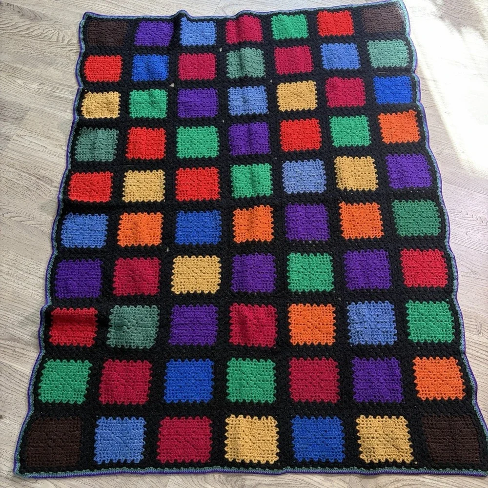 Hand Crochet Granny Square Blanket Afghan Throw‎ Colorful Groovy Cottagecore